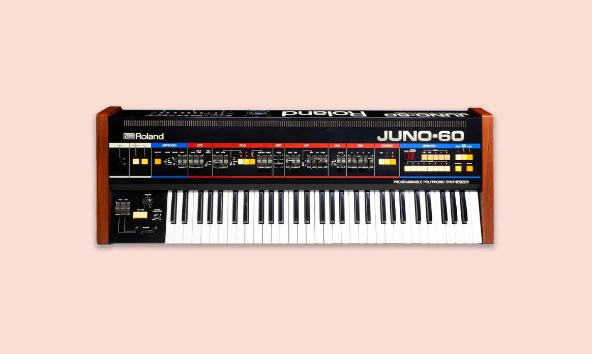 A Roland Juno-60 synthesizer on a pink background